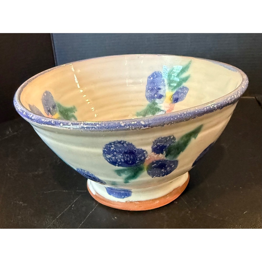 Studio Art Pottery Hand Painted Floral Bowl Blue White Signed 1992 Cottage Boho